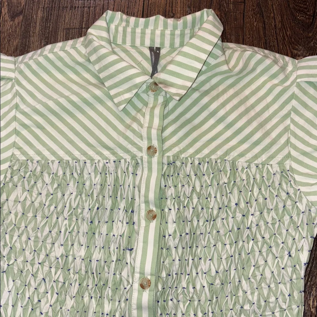 Anthropologie Short-Sleeve Smocked Mini Shirt Dress Green White MP Petite NWT - Image 6