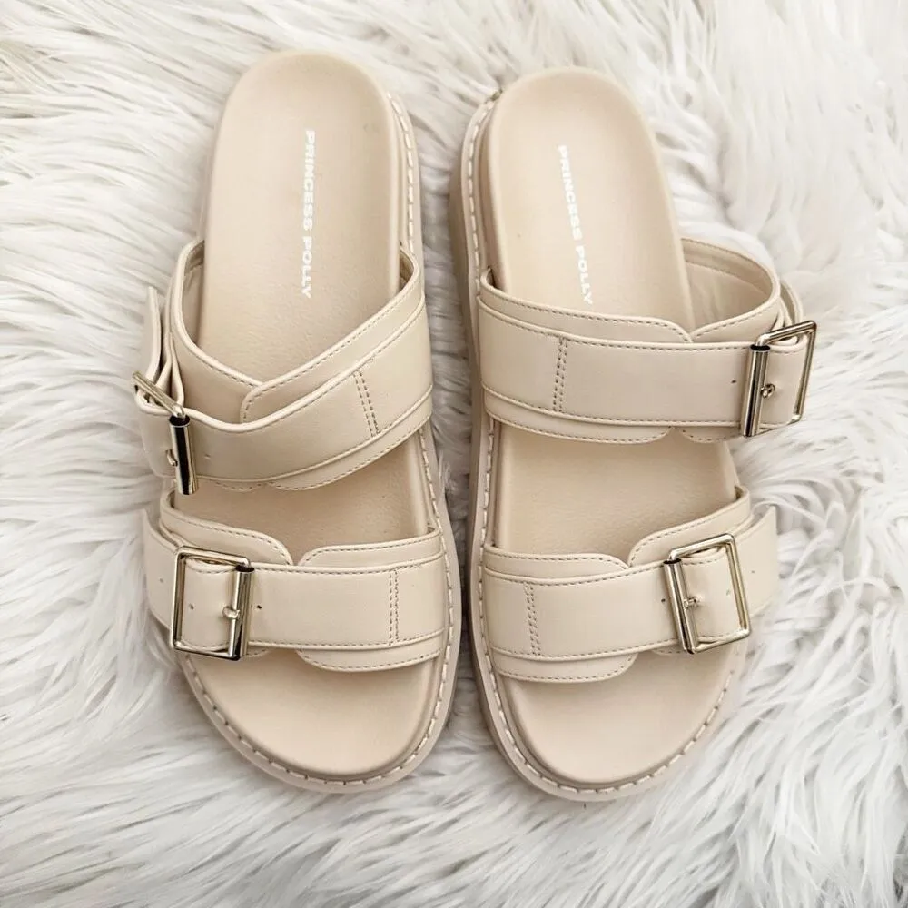 PRINCESS POLLY | Cream Beige Ma Belle Slide on Buckle Sandals Vegan | Size 7 - Image 4
