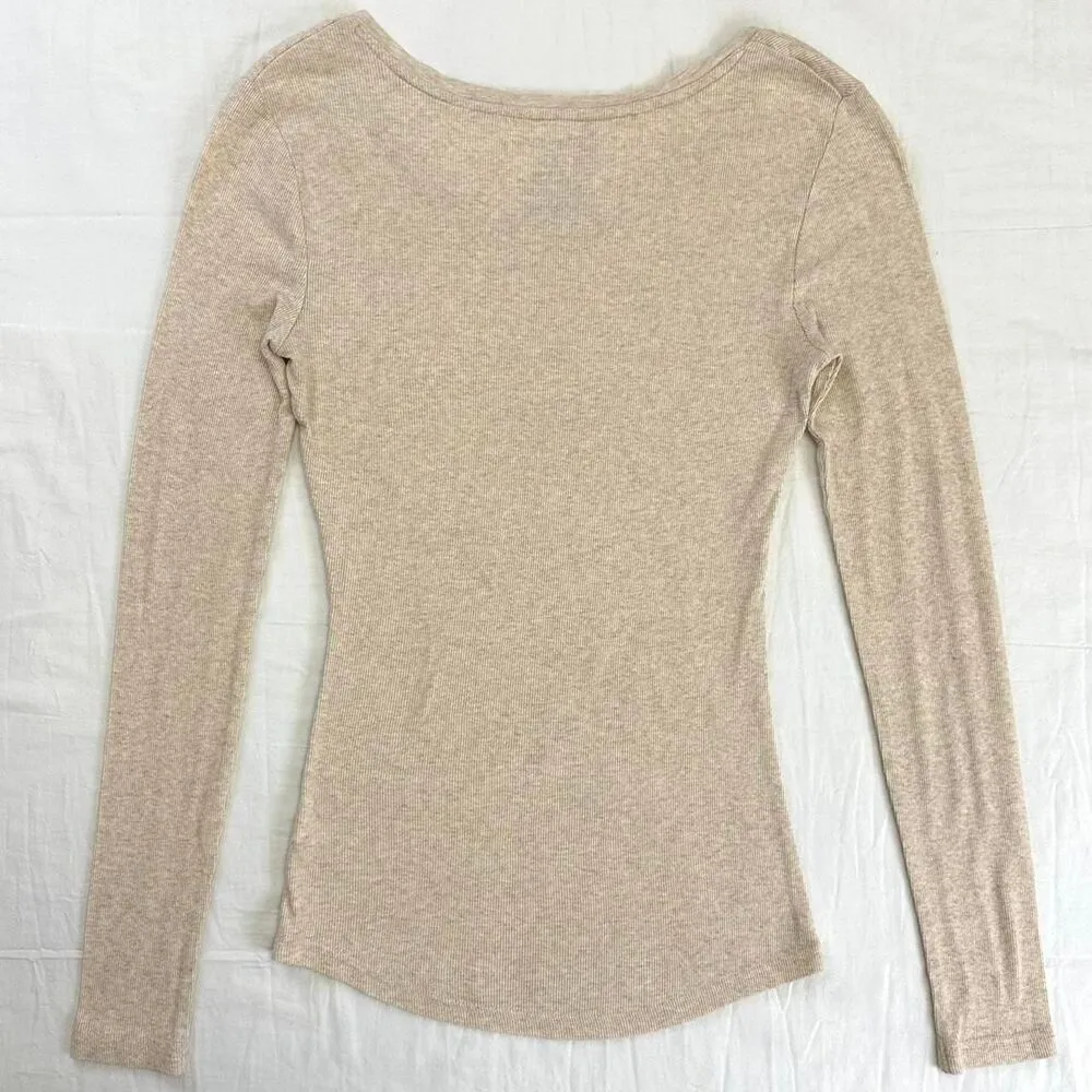 2000s No Boundaries Oatmeal V Neck Long Sleeve Top Sz M Indie Layering Staple - Image 4