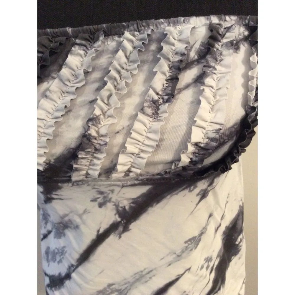 Lucky Brand strapless swim wear top ruffled marbled denim look Small blue - Image 4