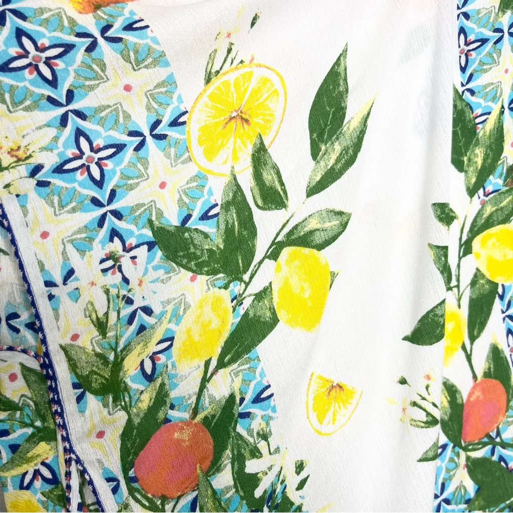 Vince Camuto Lemon Tile Printed Kimono with Blue Accents Crinkle Viscose Floral - Image 6