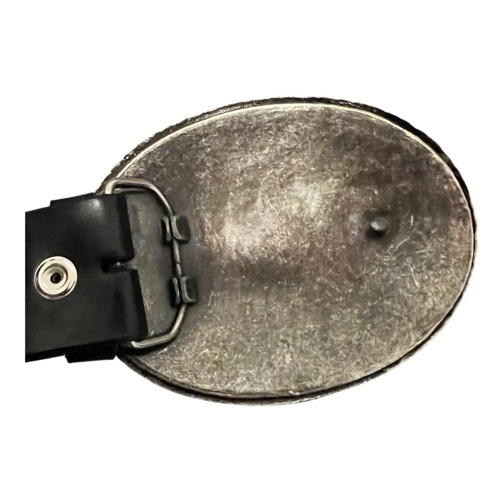 Black Leather Belt Buckle Zebra Calf Hair Rhinestone Gunmetal Cross Size 36 M/L - Image 3