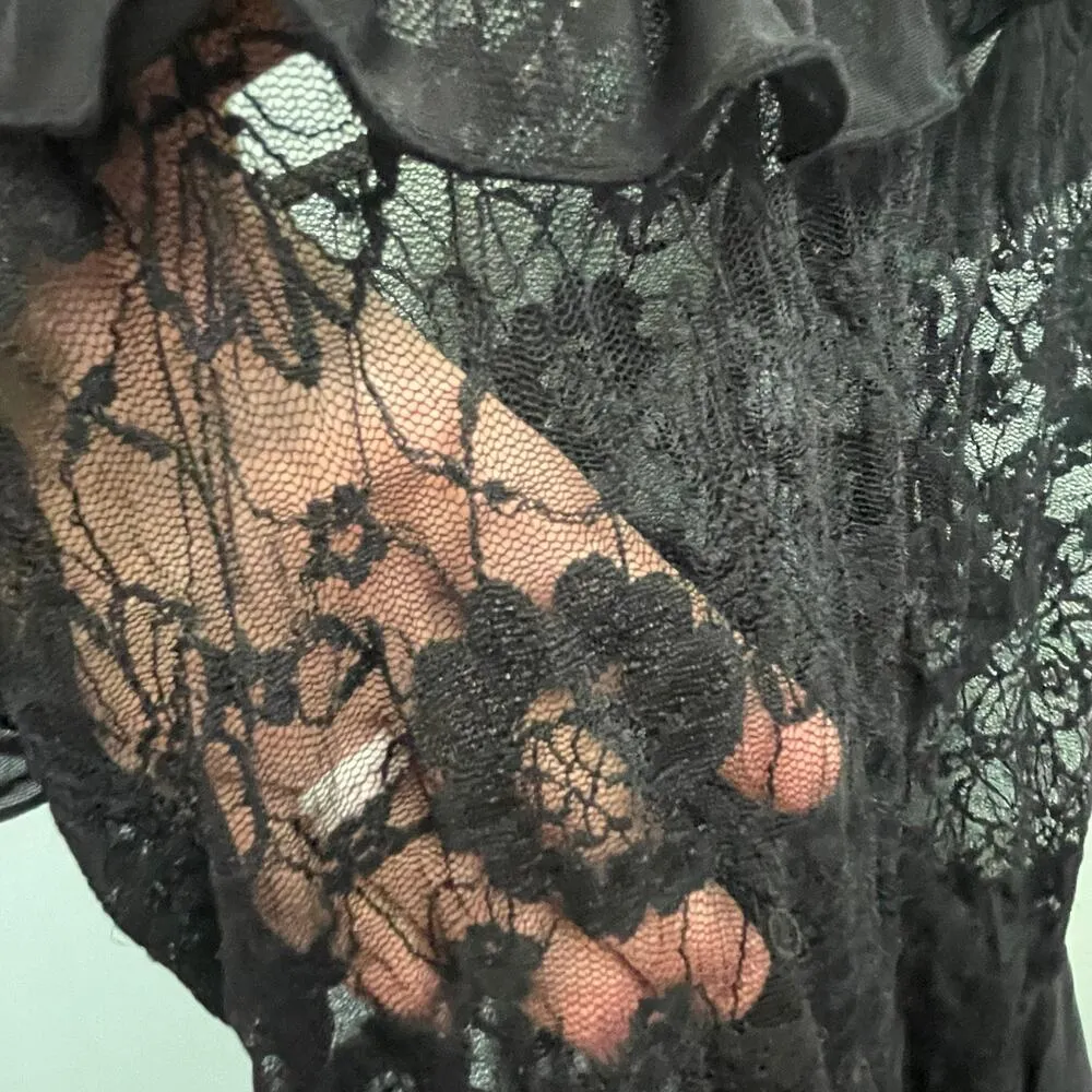 Black Lace Teddy Chemise Size Small Lingerie Floral Ruffle Stretch - Image 4