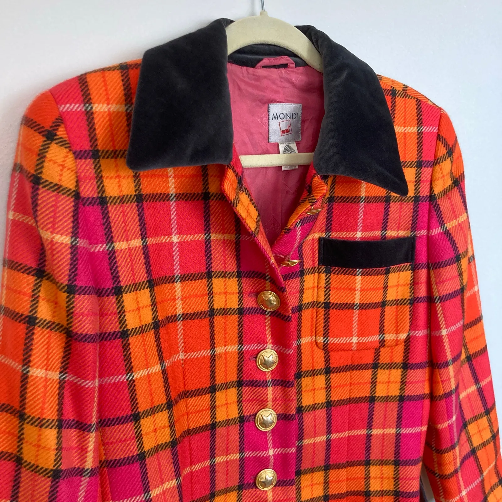 Vintage Mondi Womens M Pink Orange Plaid 100% Wool Power Blazer Preppy Retro Size M - Image 3