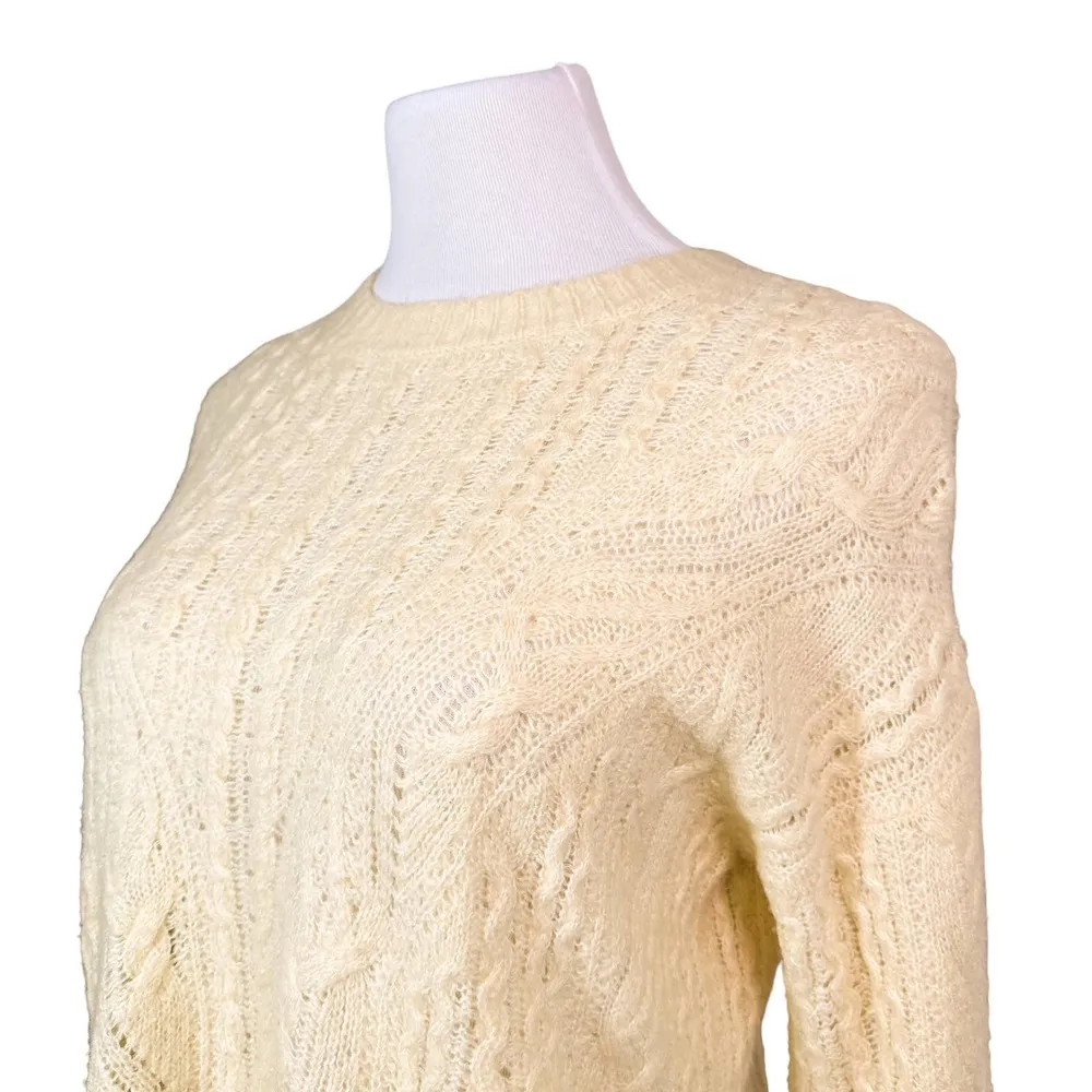 Vince Merino Wool Cashmere Blend Open Cable Knit Crew Sweater Pale Yellow Small - Image 5