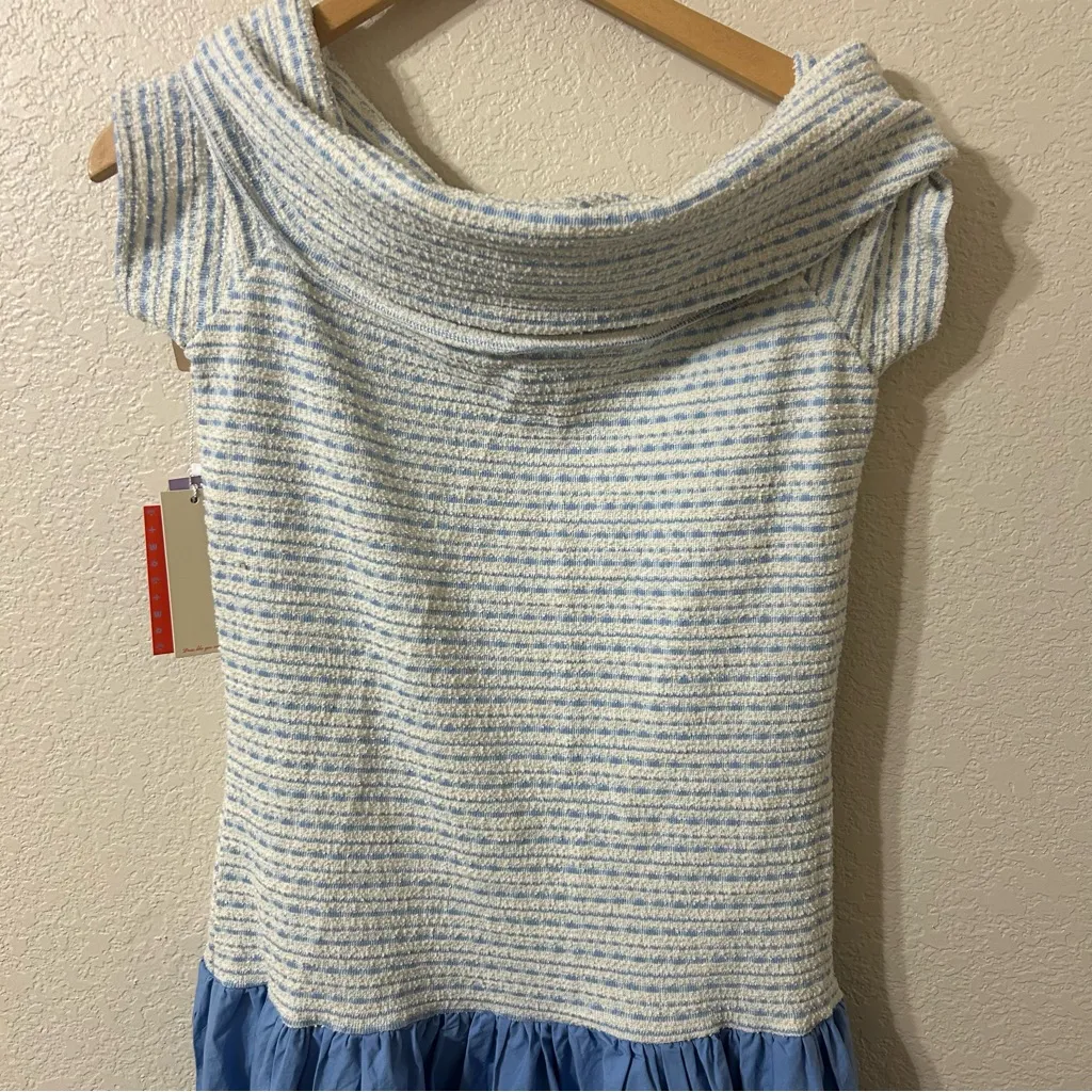 NWT Never A Wallflower Off the Shoulder Dress Beryl Knit Blue & White Size Large - Image 3