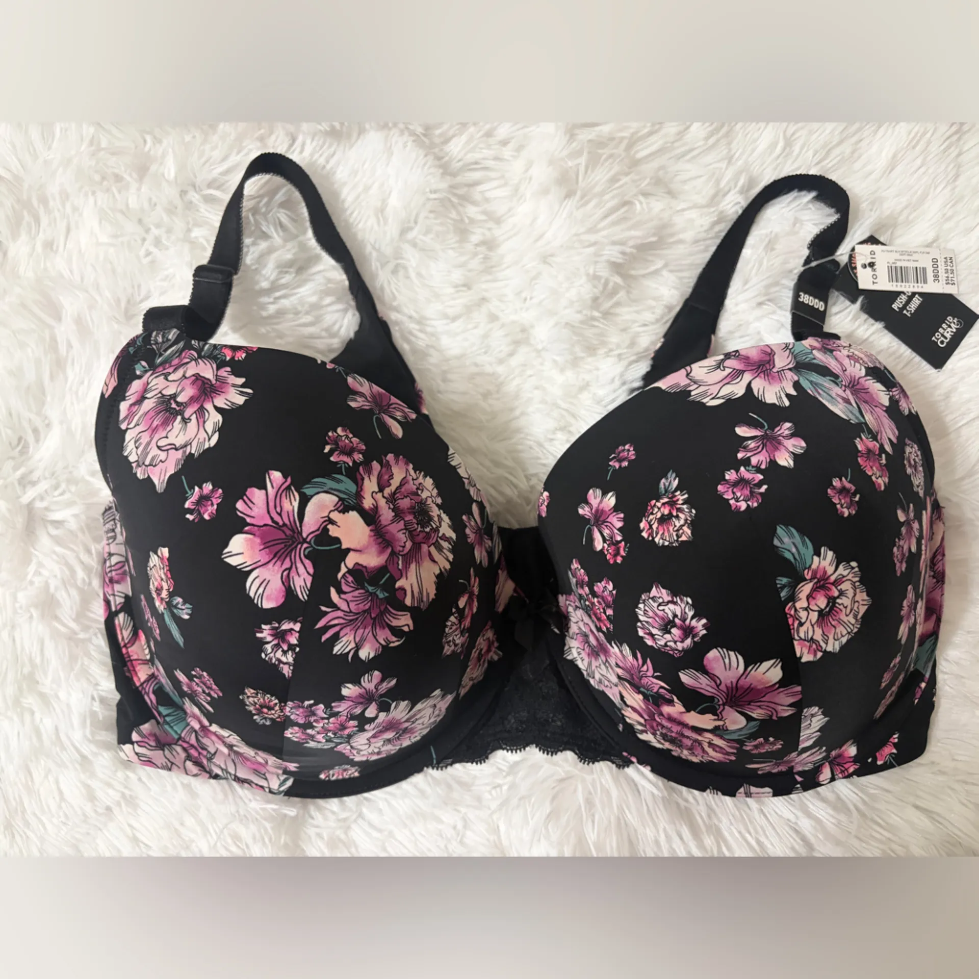 Torrid Black and Pink Floral Bra - Image 2