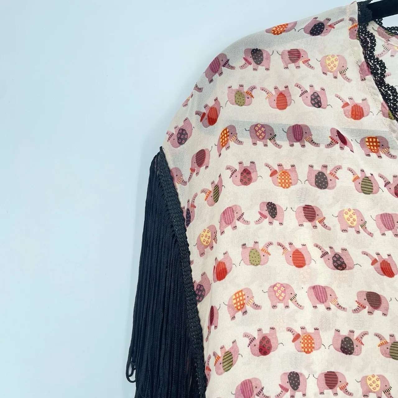 Skies are Blue Womens Sheer Sleeveless Elephant Print Fringe Funky Blouse Large - Image 7