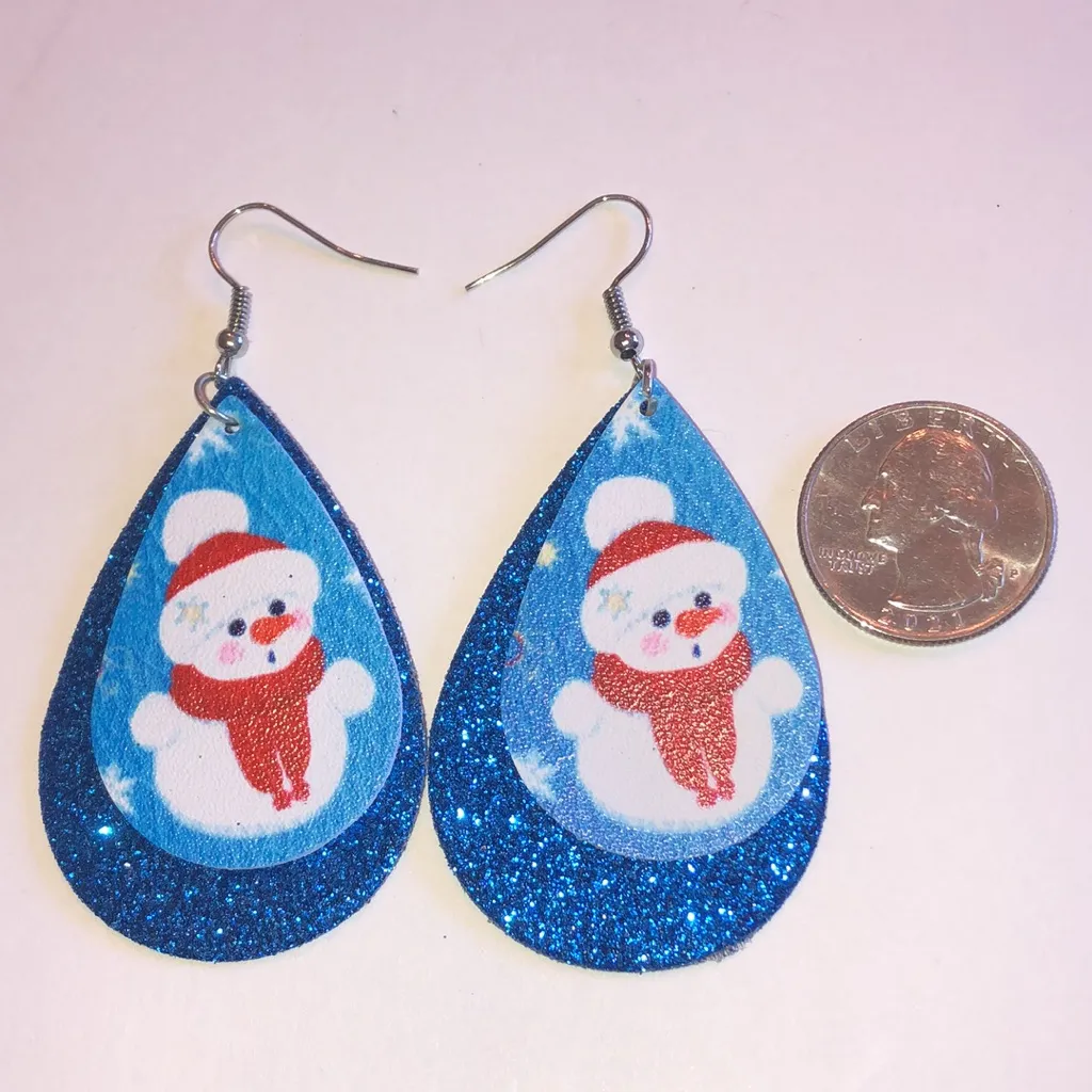 Blue Glitter Winter Snowman Boho Teardrop Earrings - Image 3