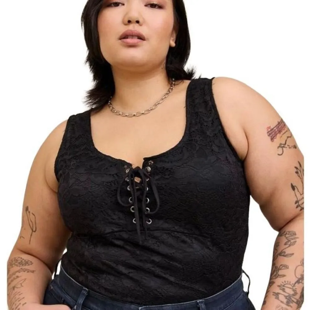 Torrid Black Lace Corset Seamed Lace Up Stretchy Tank Bodysuit 1X - Image 6