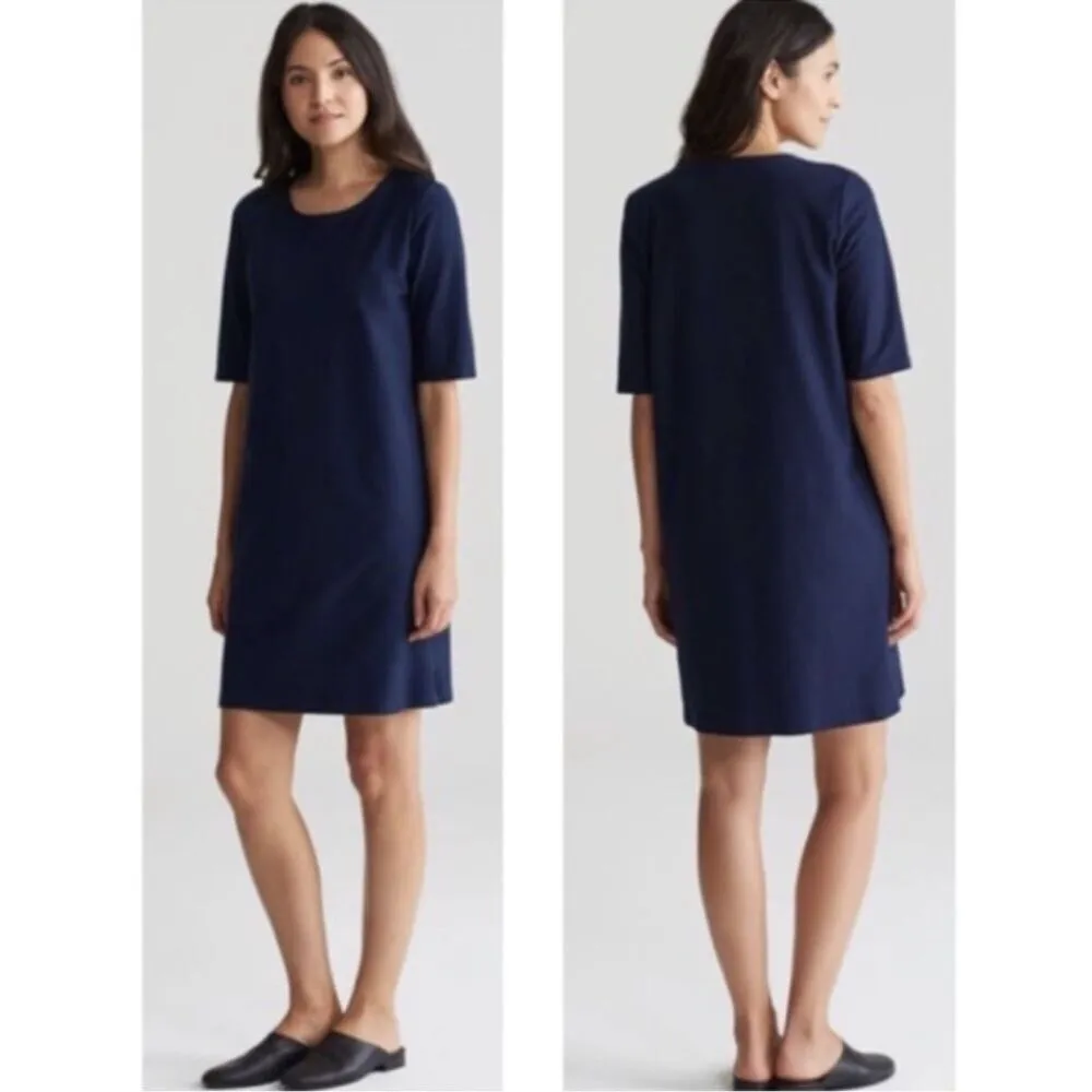 EILEEN FISHER Navy Washable Stretch Crepe Side Zip Shift Dress Medium Petite - Image 2