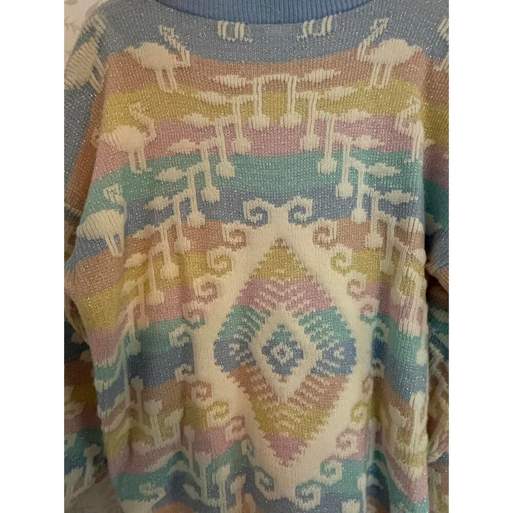 80's Vintage Pastel Geometric Lurex Rainbow Knit Sweater Blue Size XL - Image 9