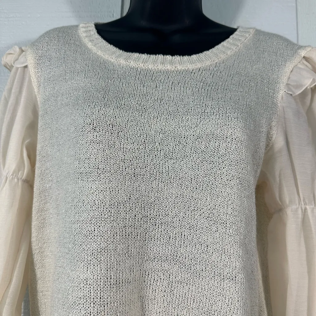 By The River Beige Sweater with Sheer Sleeves Size Medium EUC - Image 4