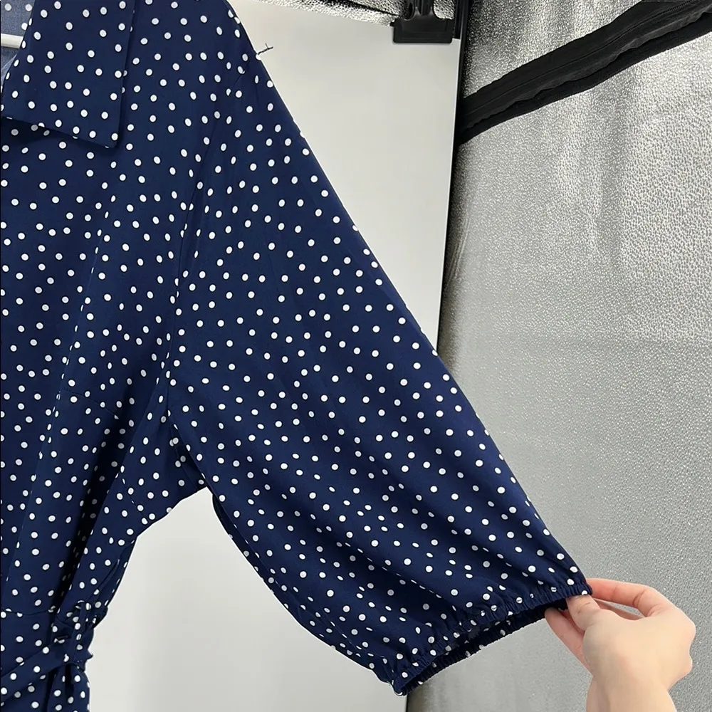 BloomChic Blue white tie waist polka dot midi shirt dress 22 3/4 sleeve plus Size undefined - Image 5