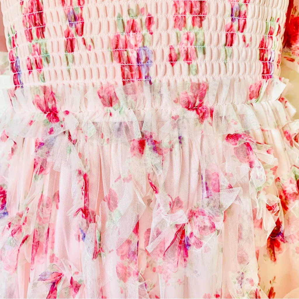 PKC Pink & Purple Smocked Ruffled Tiered Midi Dress. - Image 7