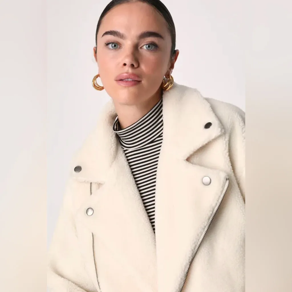 Lulus Wishing for Warmth‎ Cream Shearling Teddy Fuzzy Moto Jacket Coat Size XS - Image 4