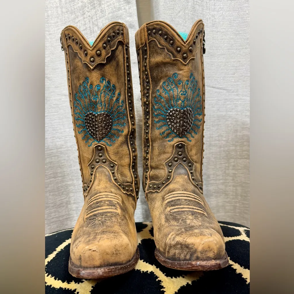 Dan Post DP3441 Distressed Leather Turquoise Heart Cowgirl Boots 6.5M ā Western - Image 3