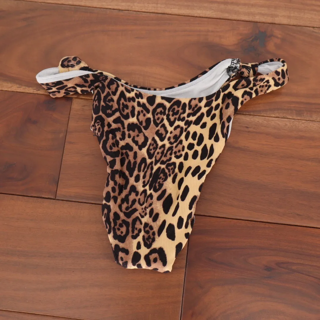 ASOS DESIGN Leopard Print Rib Knit High Leg Bikini Bottoms Size US 0 Brown - Image 5