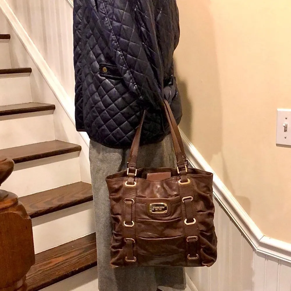 MICHAEL KORS Brown Leather Shoulder Bag Tote W Woven Leather & Gold Accents - Image 10