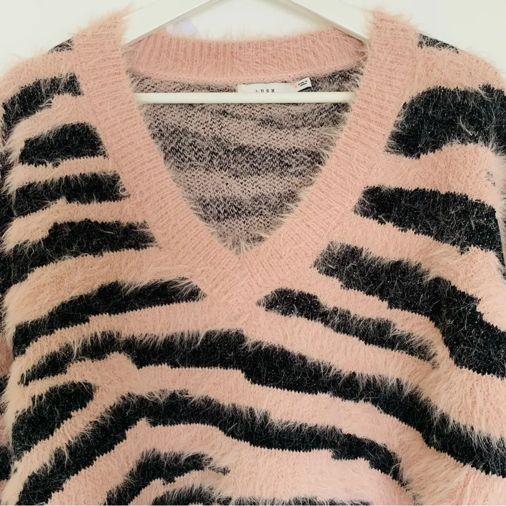 NWOT Lush Pink & Black Zebra Print Cozy Knitted V-Neck Sweater | Size: S - Image 2