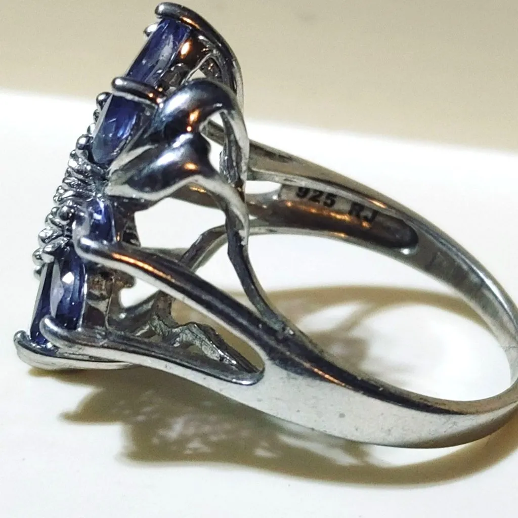 Tanzanite Flower Ring Size 7 Sterling Silver 925 Sparkling Accents Stamped RJ - Image 8