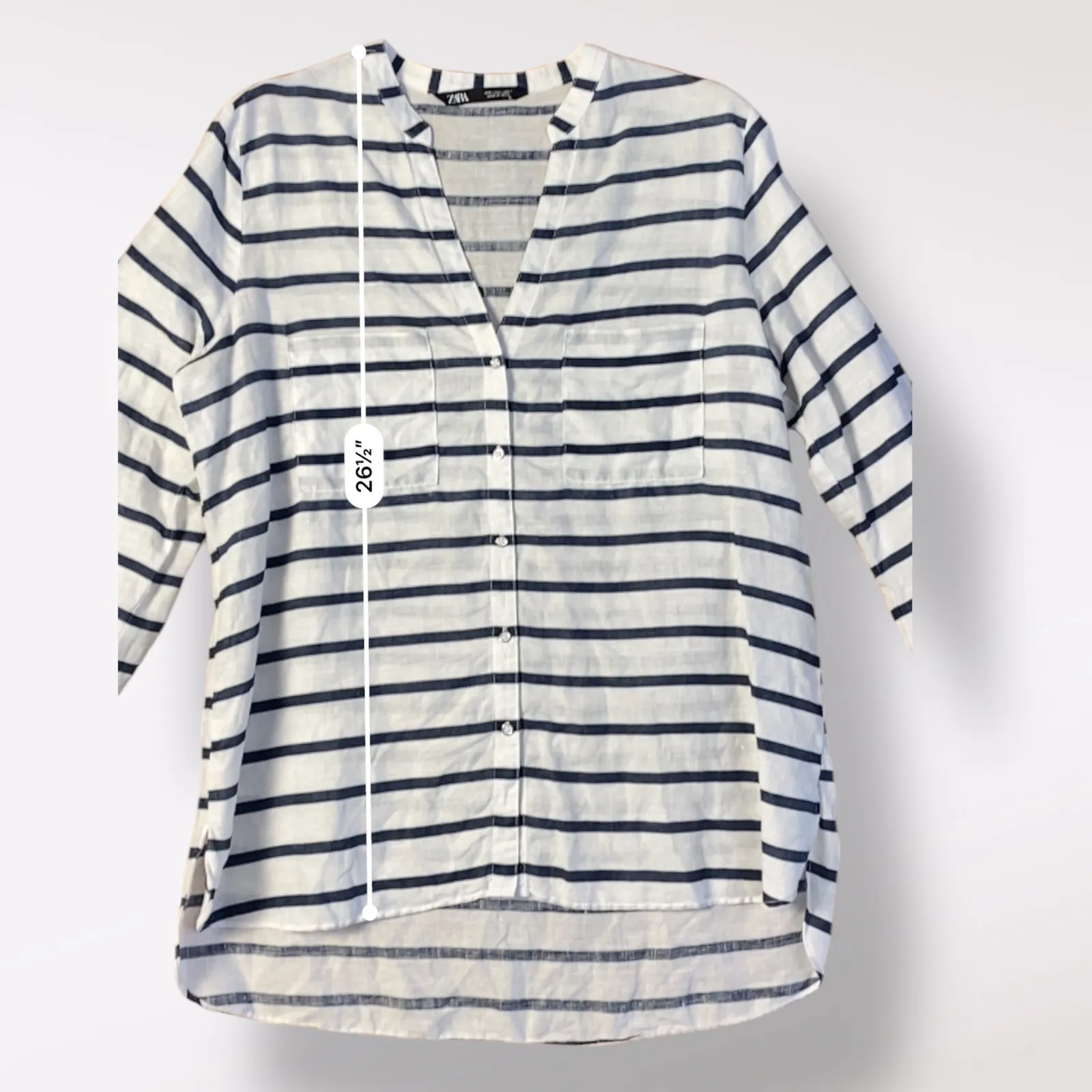 Zara Striped Blue White‎ Oversized Linen V Neck Shirt Size L Coastal Nautical - Image 4