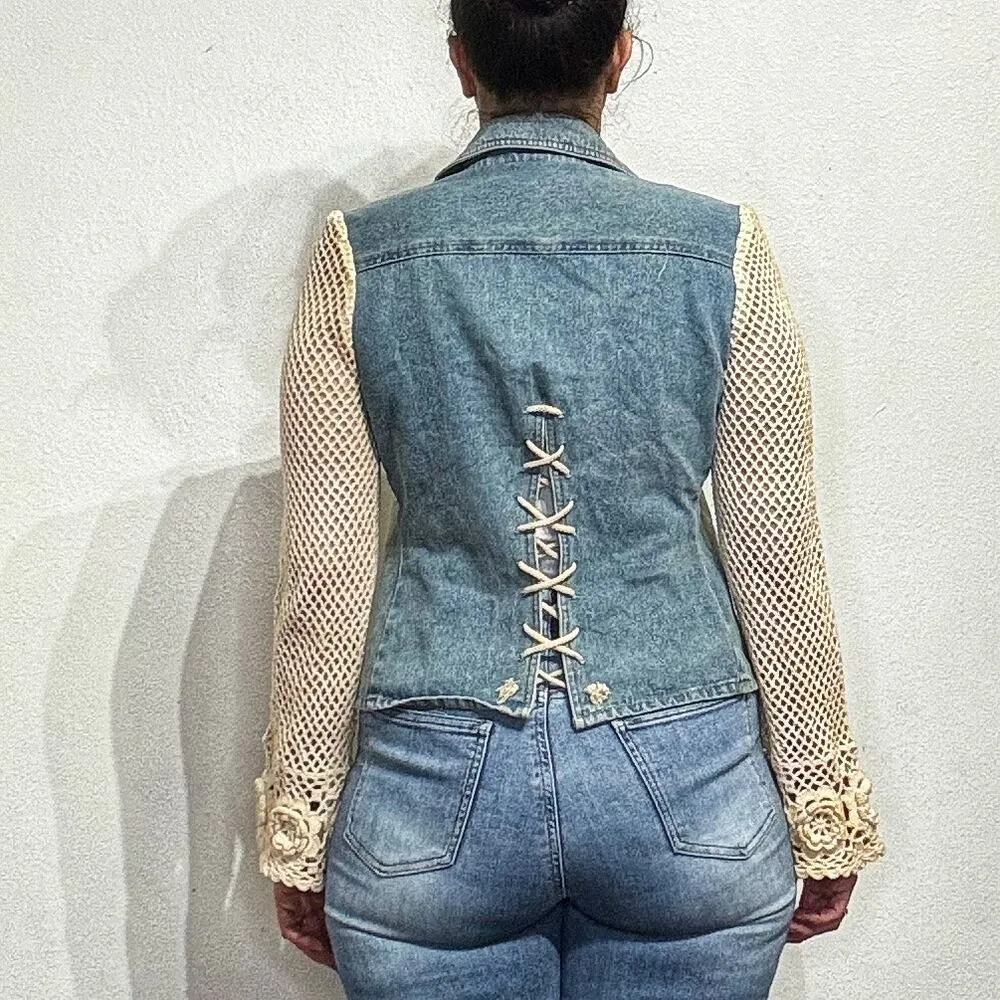 Cama Sol Denim Crochet Sleeve Vintage Jacket Sz S Blue - Image 9