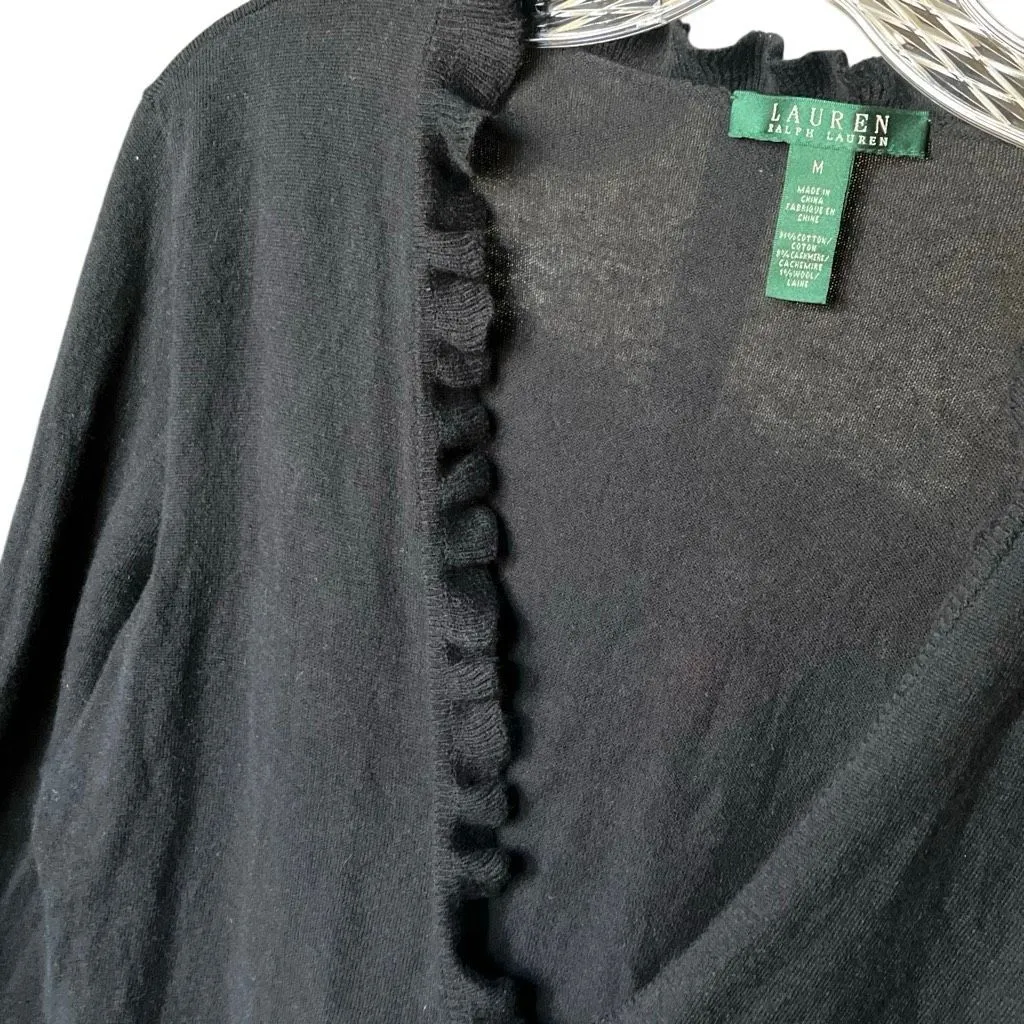 Lauren LRL Black Ruffle V-Neck Cardigan Cashmere Wool Blend Med #763 - Image 2