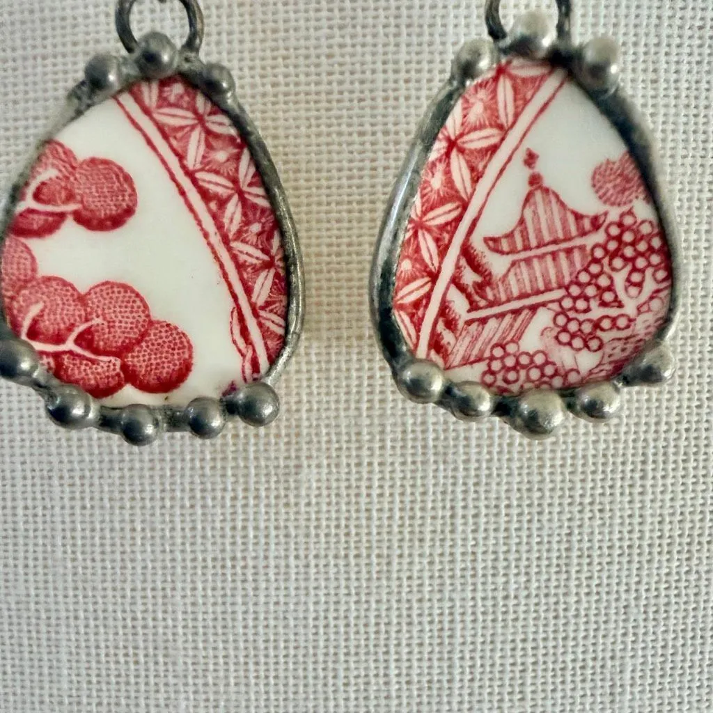 Vintage Red Transferware Pottery Shard Earrings - Image 2