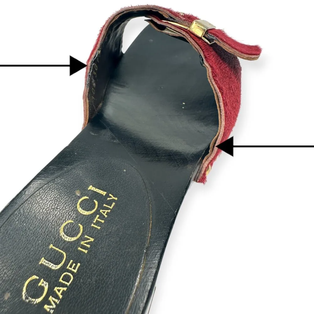 GUCCI | 5.5 | Red Ponyhair Gold Buckle Studded Wood Block Heel Slide Sandals - Image 12