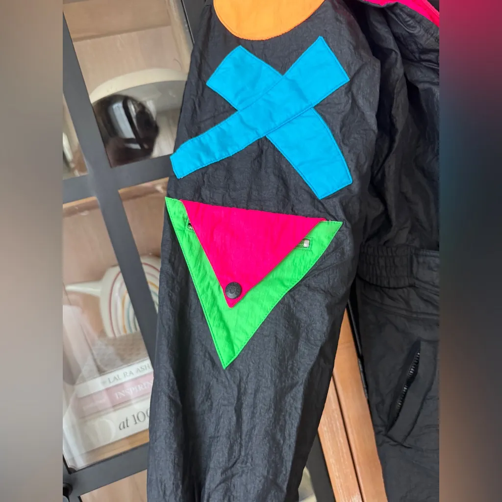 Vintage 1980s Obermeyer ski suit jumpsuit snow neon shapes colorful skiing board - Image 12
