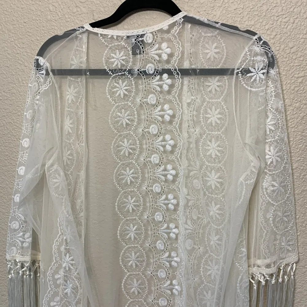 White Lace embroidered fringe cardigan sz XS bohemian concert country festival - Image 9