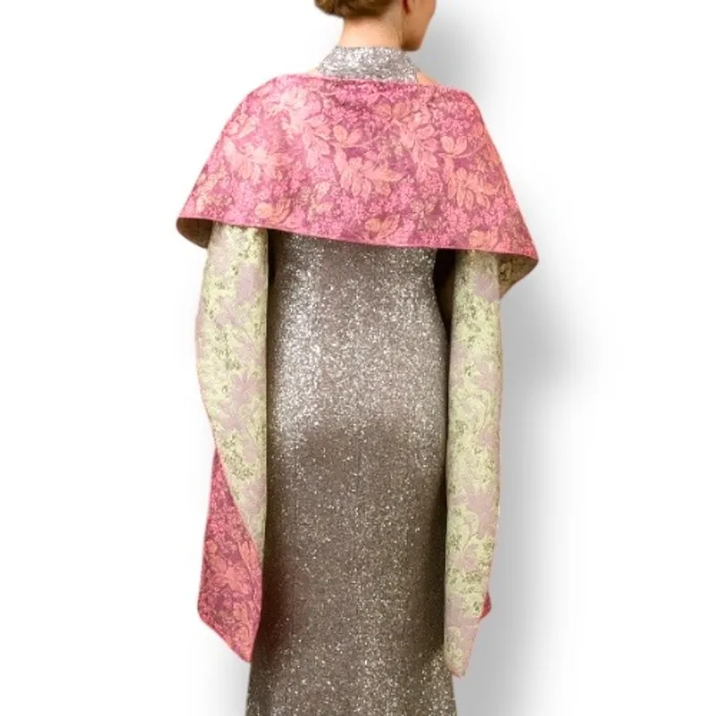 The Little Tichel Lady Reversible Pink Green Metallic Floral Brocade Shawl Scarf - Image 2
