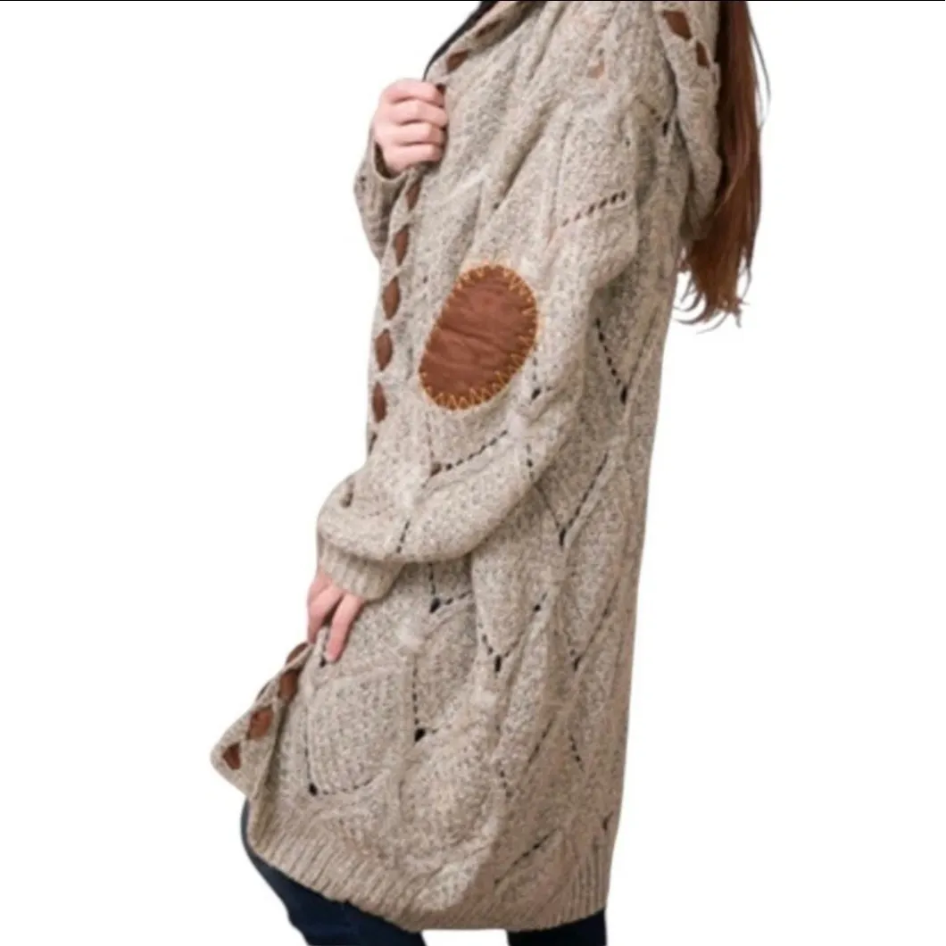 POL Women’s Diamond Eyelet Tan Sweater Cardigan Duster Elbow Patches Boho Size S - Image 12