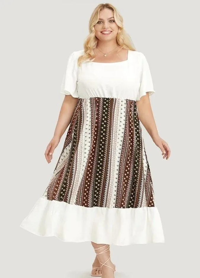 Bloomchic Bandana Patchwork Square Neck Pocket Ruffles Hem Dress lvory 22-24 - Image 3