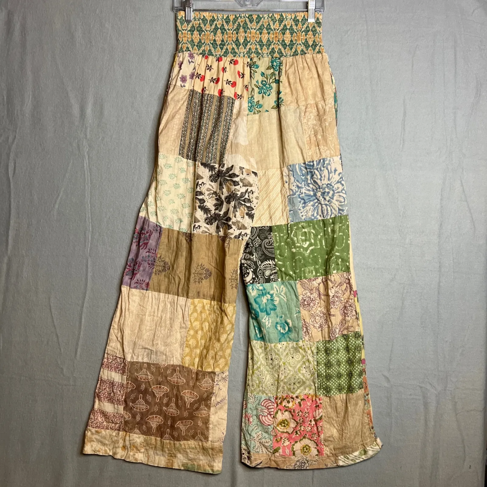 Bohemian Patchwork Wide Leg Pants Size S Smocked Waist Boho Festival Hippie Tan - Image 7