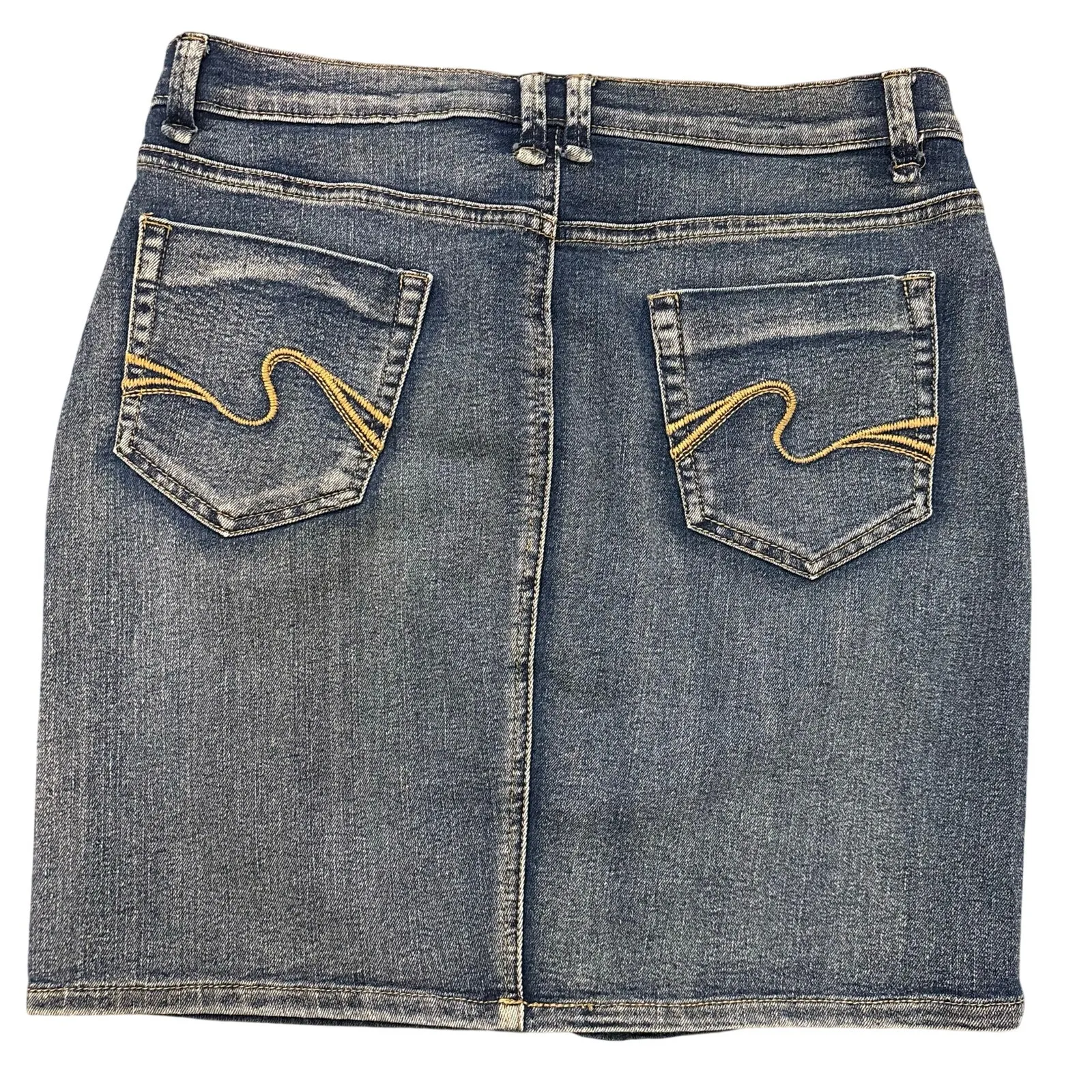 Y2K VTG jewel diamond button Blue Denim jean Mini Skirt Stretchy, Size 8 - Image 2