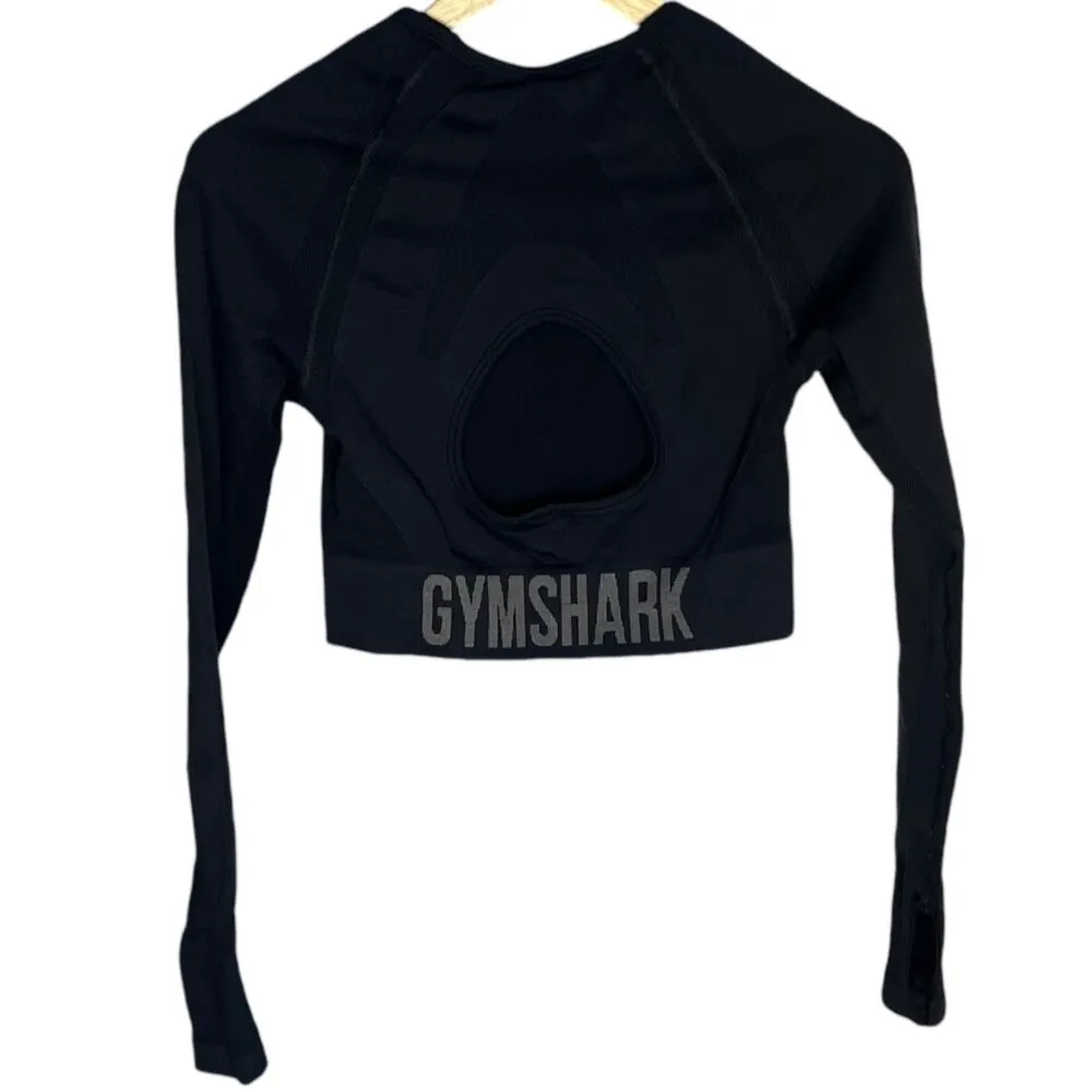 Women's M Long Sleeve Fitted Athletic Crop Top Black Contour Workout - Image 4