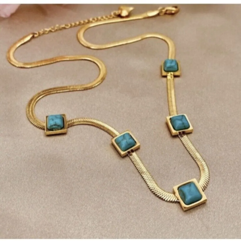 18K Gold Plated turquoise Herringbone necklace Snake Womens Jewelry - Image 4