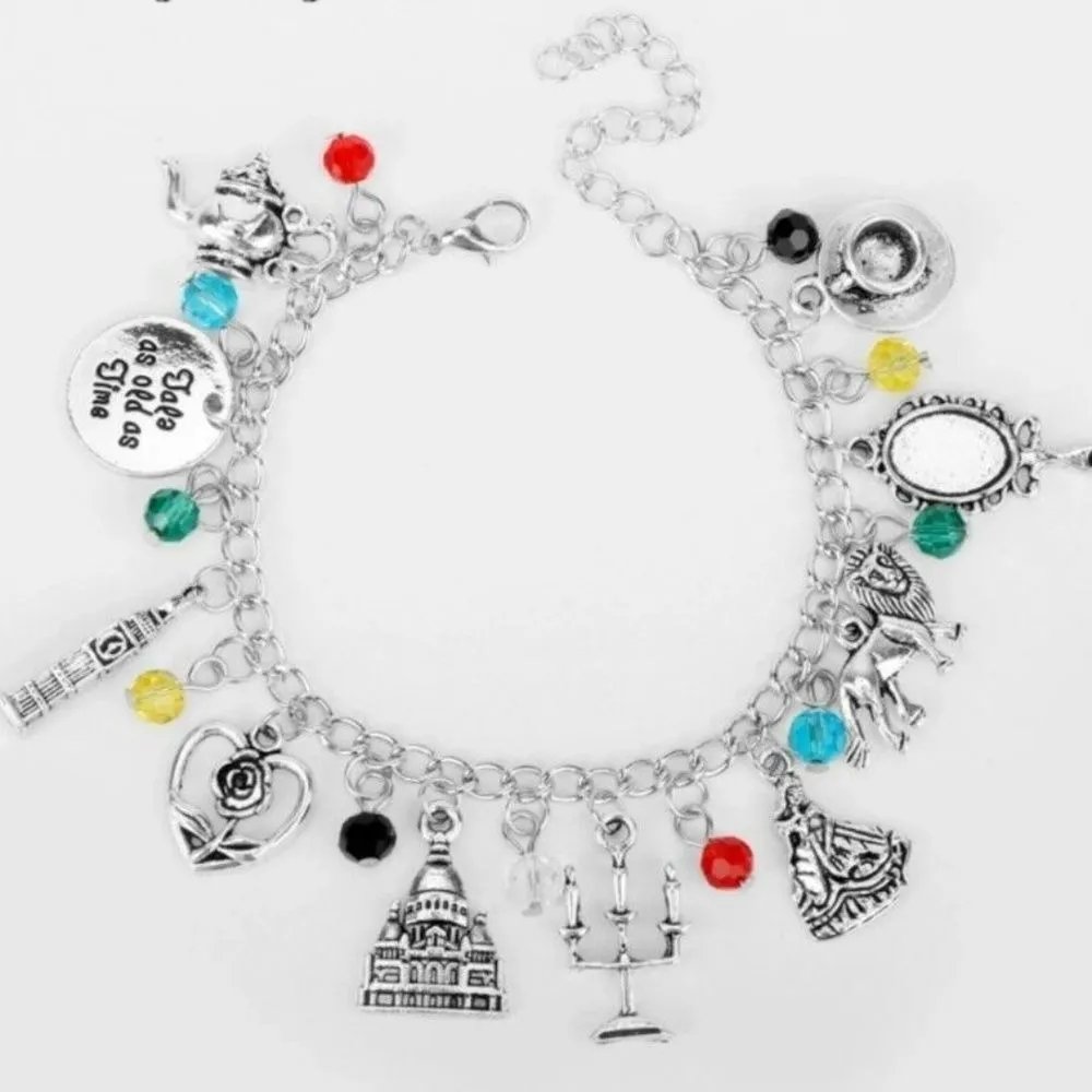 Disney Beauty and the Beast Charm Bracelet Belle Beast Rose Teacup Mirror Castle Silver - Image 3