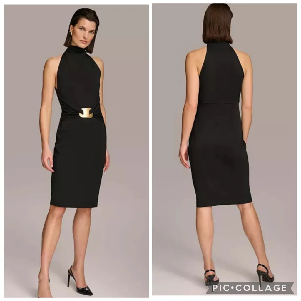 Donna Karan Mock Neck Jersey Buckle Wrap Waist Dress Black 16 - Image 3