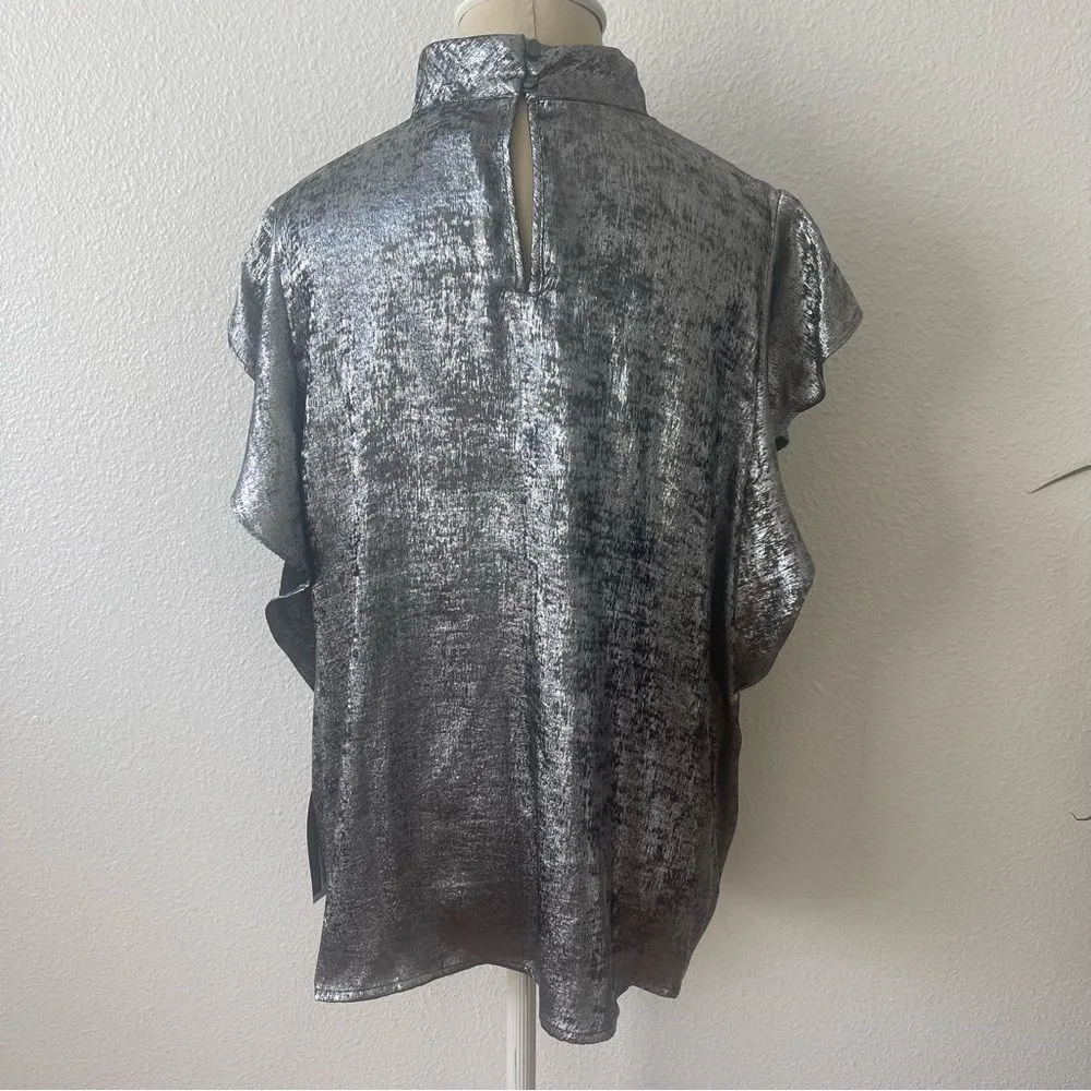 Worthington 0X Shimmering Silver Blouse Keyhole Neck Short Sleeve Satin - Image 6