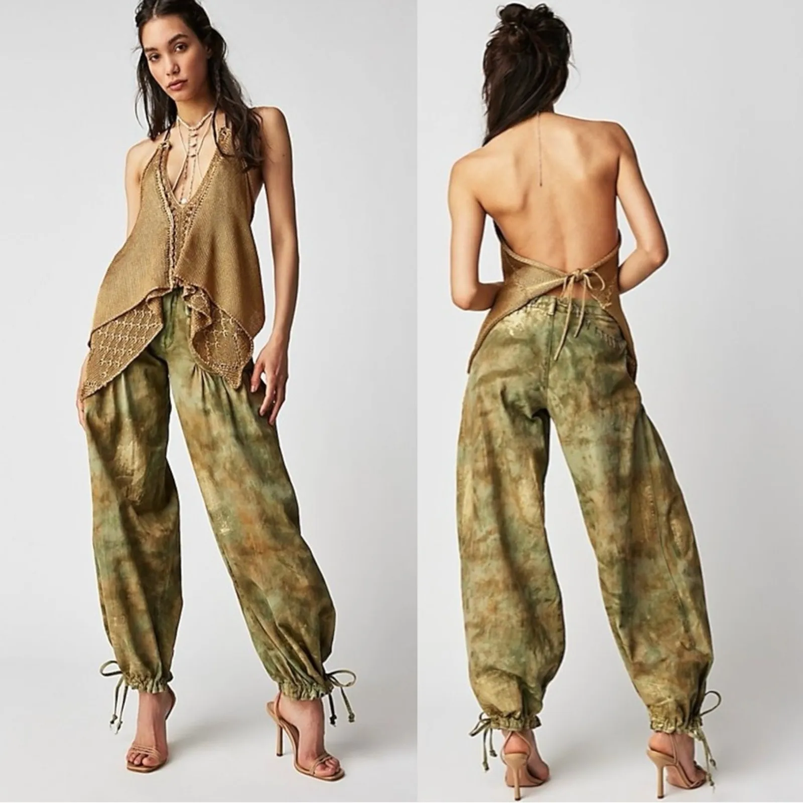 Free People Retro 70s Bohemian Wide Leg Lotus Tie-Dye Jeans Army Neutral Size 30 - Image 7
