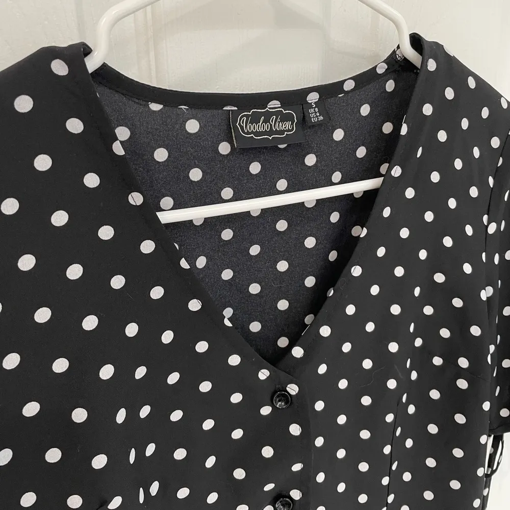 Voodoo Vixen Black White Polka Dot Button Down Peplum Top Women’s Size S - Image 3