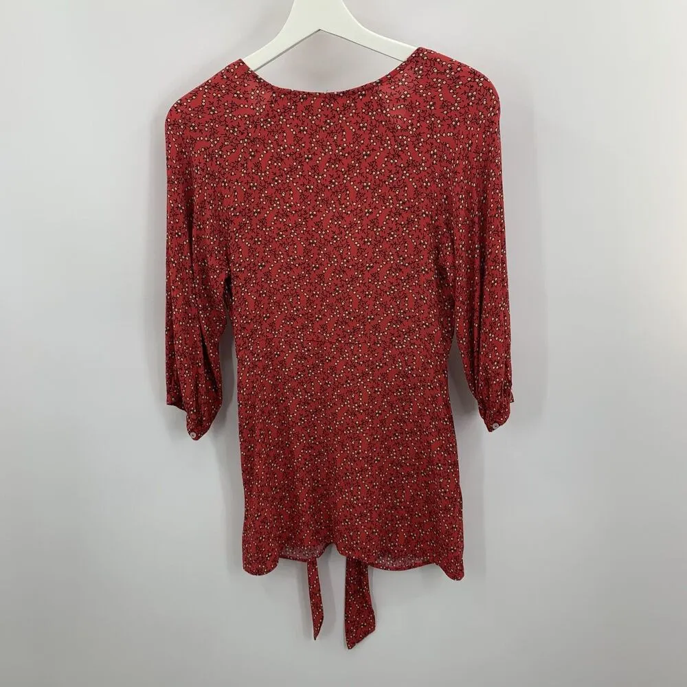 Free People Size XS Mini Dress Clara Floral Tie-waist Tunic In Red Floral V-Neck - Image 9