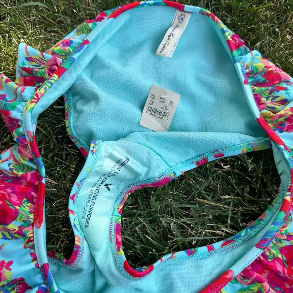 American Eagle Floral Bikini NEW Bandeau Top M Cheeky Ruffle Bottoms L Blue Pink - Image 3