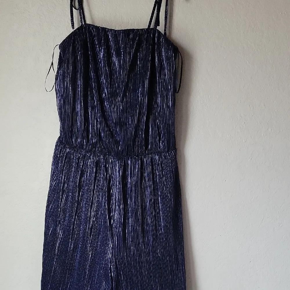 Aqua Navy Blue Croped Shine Jumpsuit Size S - Image 3