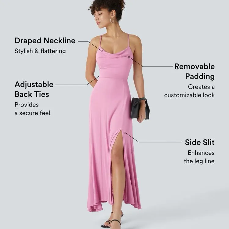 Halara Backless CrissCross Slit Midi Dress Lace Up Long Cowl Neck Pink Lilac NWT - Image 3