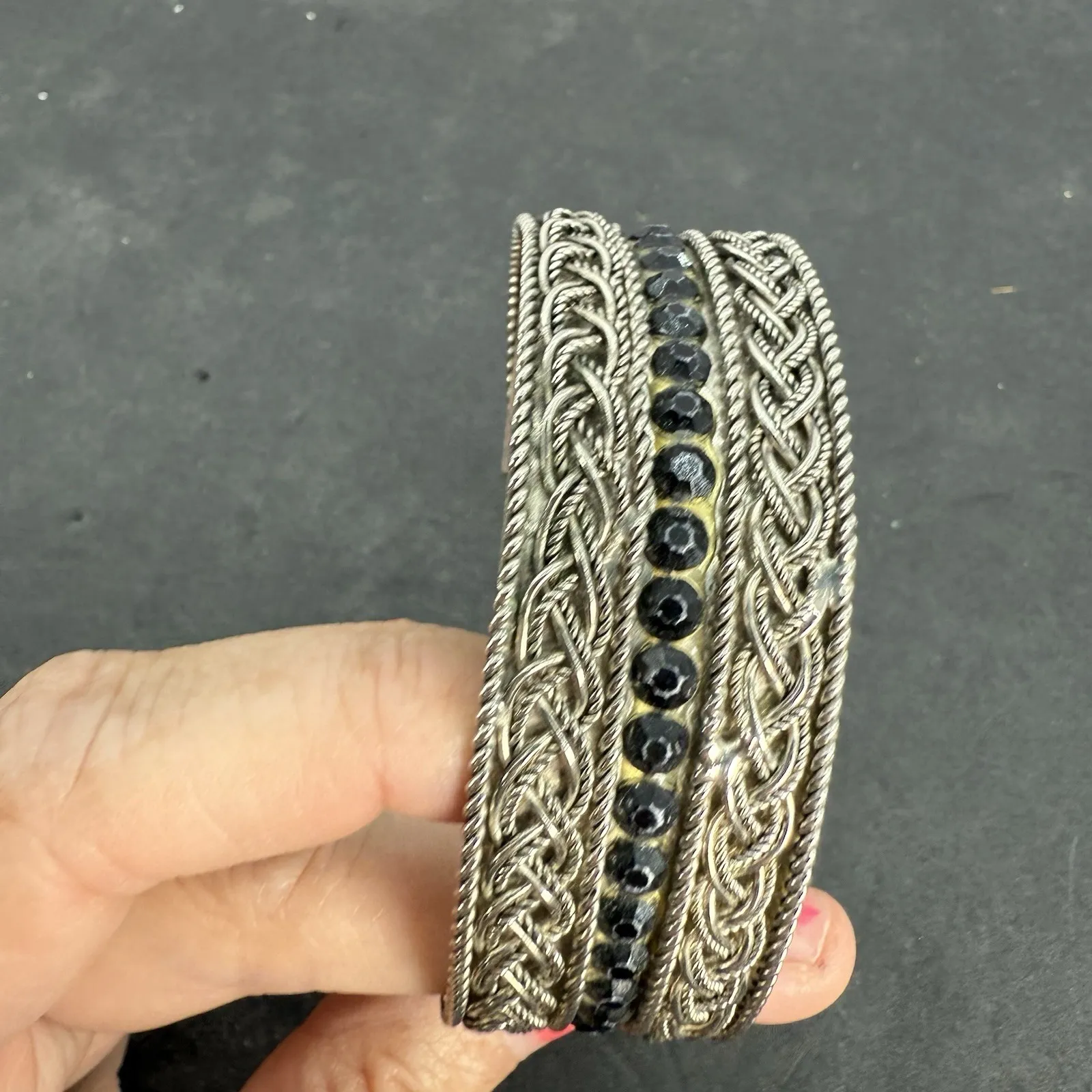 Vintage Silver Plate Black Rhinestone Cuff Bracelet Eternity Weave Rope Twist - Image 10