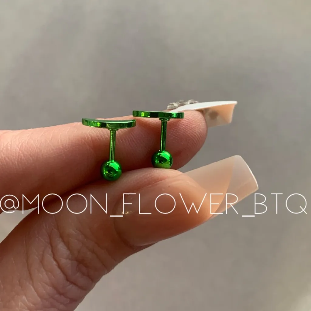 Neon Green Crescent Moon Barbell Earrings – 18G Stainless Steel Piercing Jewelry - Image 5